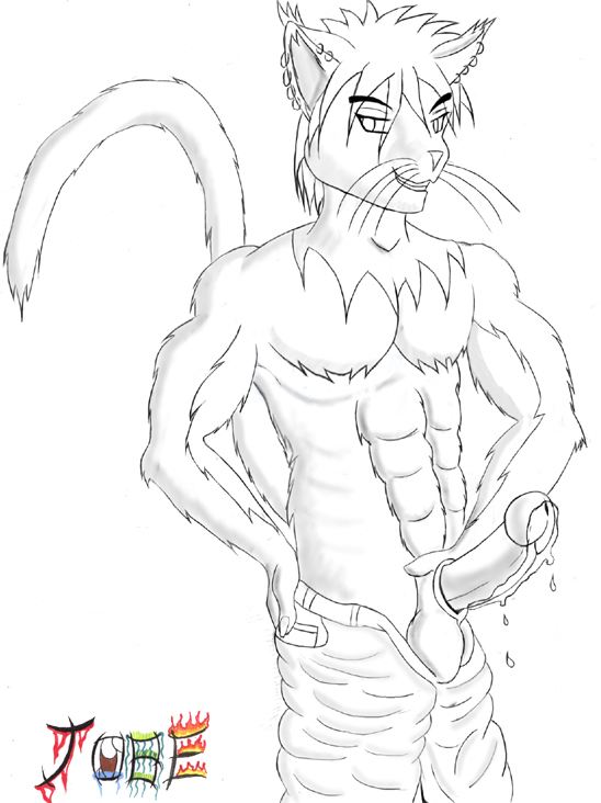 2006 abs anthro balls biceps clothed clothing cum ear_piercing erection feline fur hair humanoid_penis jivewriter male mammal muscular muscular_male partially_clothed pecs penis piercing simple_background smile solo standing whiskers white_background