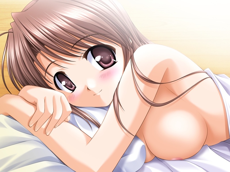 bed bekkankou blush breasts fujieda_honami game_cg large_breasts long_hair nude smile solo tsuki_wa_higashi_ni_hi_wa_nishi_ni