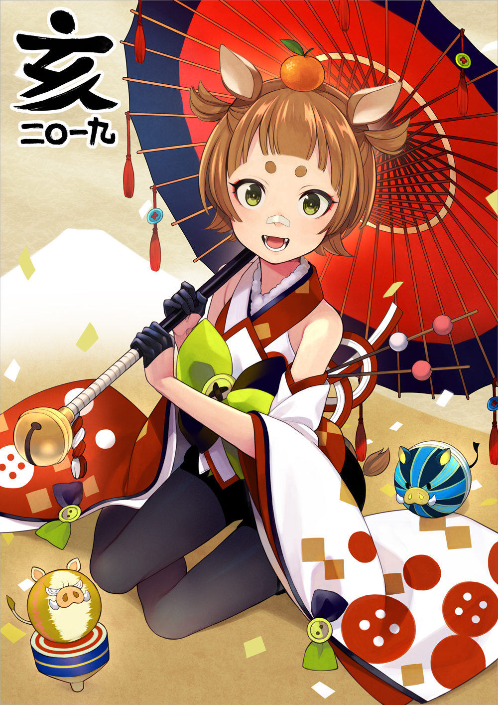 1girl :d animal_ears bare_shoulders bell black_gloves black_legwear boar brown_hair chinese_zodiac commentary_request detached_sleeves food food_on_head fruit gloves green_eyes half_gloves highres holding holding_umbrella jingle_bell long_sleeves looking_at_viewer mandarin_orange object_on_head open_mouth oriental_umbrella original pantyhose pig_ears red_umbrella short_eyebrows sitting sleeveless smile solo spinning_top thick_eyebrows two_side_up umbrella white_sleeves wide_sleeves year_of_the_pig yokozuwari yuko_(uc_yuk)