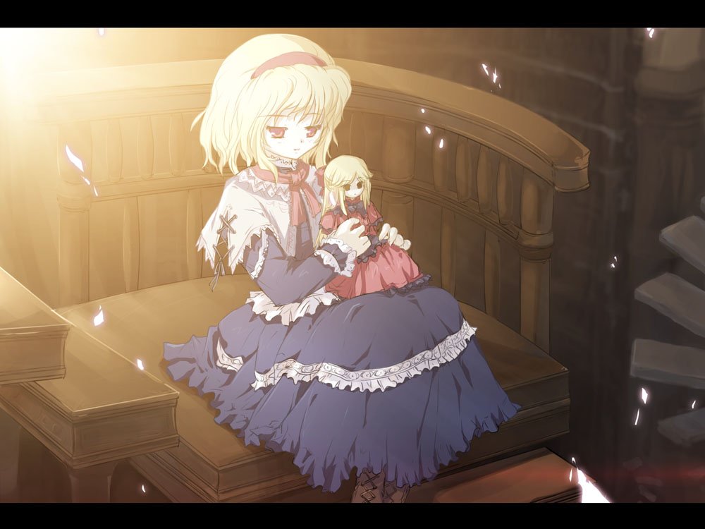 alice_margatroid blonde_hair blue_eyes book_stack capelet chair doll duplicate dust frills full_body holding indoors on_lap shanghai_doll short_hair sitting size_difference solo sunlight tokiame touhou