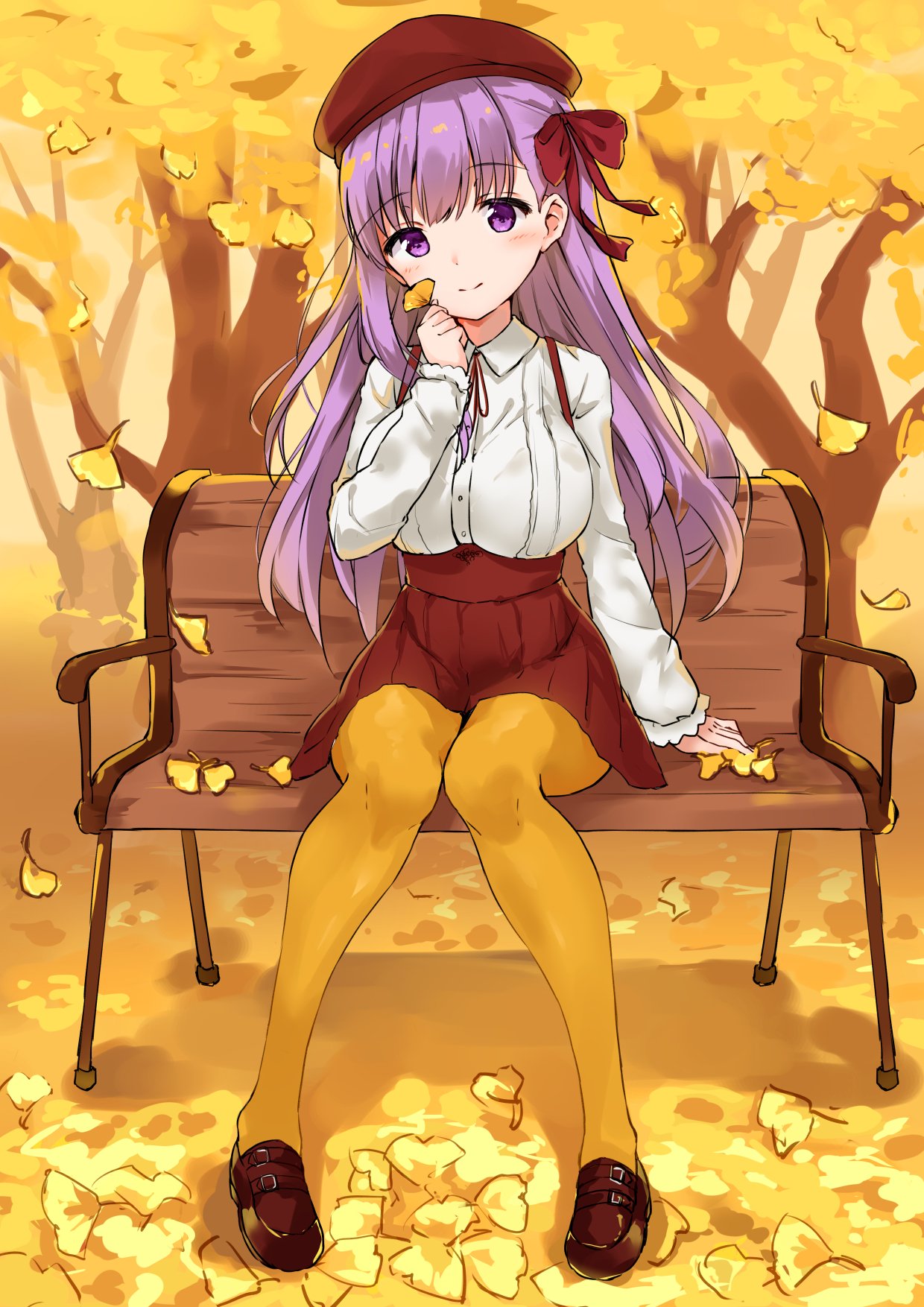 1girl autumn_leaves bangs bench beret blush breasts brown_footwear closed_mouth collared_shirt copyright_request dress_shirt eyebrows_visible_through_hair full_body ginkgo ginkgo_leaf hair_ribbon hat head_tilt high-waist_skirt highres holding holding_leaf knees_together_feet_apart large_breasts leaf loafers long_hair long_sleeves looking_at_viewer minikon neck_ribbon outdoors pantyhose park_bench purple_eyes purple_hair red_hat red_neckwear red_ribbon red_skirt ribbon shirt shoes sitting skirt smile solo suspender_skirt suspenders white_shirt yellow yellow_legwear