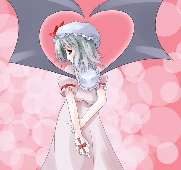 bat_wings blush gift grey_hair heart kukyo remilia_scarlet short_hair smile solo touhou valentine wings