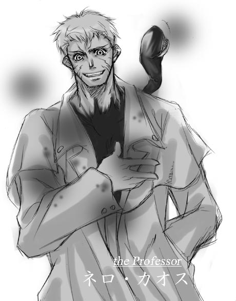 :d artist_request collar greyscale hand_in_pocket hand_on_own_chest long_sleeves looking_at_viewer male_focus monochrome nrvnqsr_chaos open_mouth simple_background smile solo tsukihime white_background