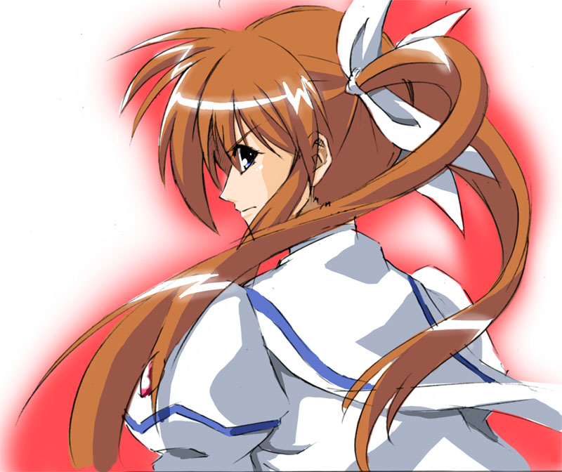 blush dress from_behind fujitama_(lose_dog) hair_ribbon long_hair lyrical_nanoha magical_girl mahou_shoujo_lyrical_nanoha_strikers red_hair ribbon sailor_collar sailor_dress simple_background smile solo takamachi_nanoha twintails upper_body very_long_hair white_background white_dress white_ribbon