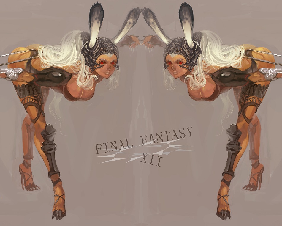 animal_ears armor bent_over breasts bunny_ears cleavage copyright_name dark_skin final_fantasy final_fantasy_xii fran kima large_breasts leaning_forward multiple_girls red_eyes revealing_clothes viera