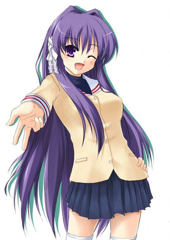 ;d blazer blush buttons clannad collar fujibayashi_kyou hair_intakes hair_ribbon hikarizaka_private_high_school_uniform jacket long_hair long_sleeves looking_at_viewer one_eye_closed open_mouth outstretched_arm pleated_skirt purple_eyes purple_hair reaching_out ribbon ryuushou school_uniform skirt smile solo thighhighs very_long_hair white_ribbon