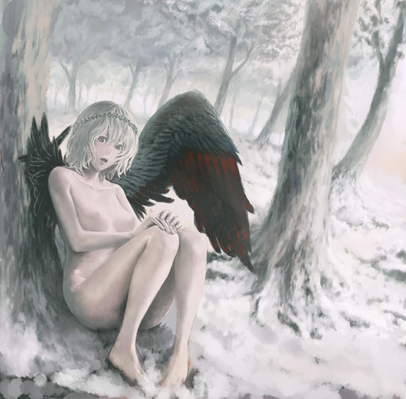 breasts chiki_(botsugo) forest nature nude original silver_(color) solo wings
