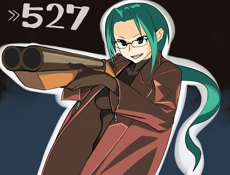 :d aiming black_background blue_background blue_eyes breasts cowboy_shot directional_arrow double-barreled_shotgun double_barrels foreshortening from_side glasses gloves green_hair gun happy holding holding_gun holding_weapon long_hair long_sleeves looking_to_the_side medium_breasts number open_clothes open_mouth outline ponytail rectangular_eyewear ryman sawed-off_shotgun saya_no_uta shotgun sidelocks simple_background slit_pupils smile solo tanbo_ryouko trench_coat two-tone_background very_long_hair weapon zipper