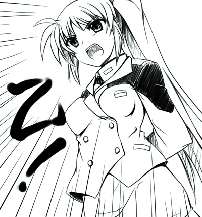 greyscale kusakami_akira lowres lyrical_nanoha mahou_shoujo_lyrical_nanoha_strikers military military_uniform monochrome side_ponytail solo takamachi_nanoha tsab_ground_military_uniform uniform