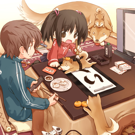 1girl animal animal_on_head brown_hair calligraphy calligraphy_brush carpet child chopsticks controller cushion dog dog_on_head food fruit game_console game_controller hair_bobbles hair_ornament ink_bottle inkstone kotatsu mandarin_orange mochi object_on_head on_head original pack_of_dogs paintbrush playstation sakura_misaki_(sakura_densetsu) shiba_inu table television twintails zabuton zaisu