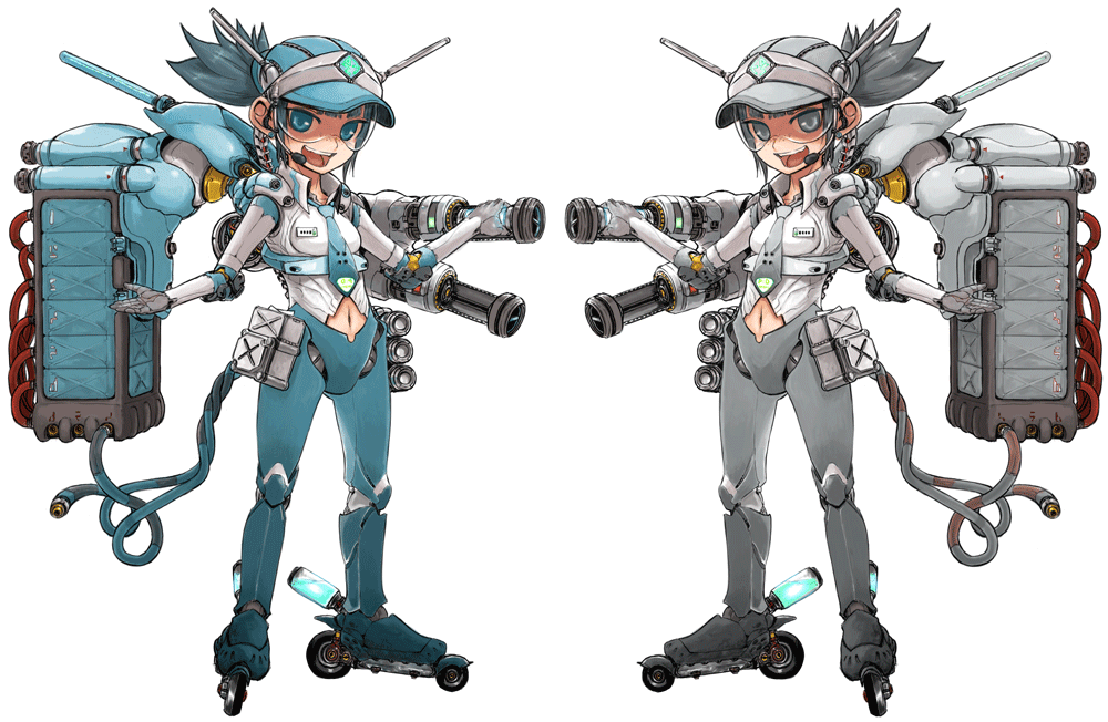 blue_eyes blue_hair grey_eyes grey_hair hat machinery mecha_musume multiple_girls necktie oomori_harusame open_mouth original outstretched_arms roller_skates skates smile spread_arms symmetry tube