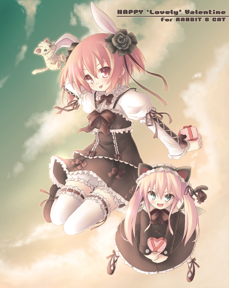animal_ears blonde_hair bloomers bow bunny_ears cat cat_ears chocolate fairy flower gift gothic_lolita green_eyes hair_bow hair_flower hair_ornament hair_ribbon happy_valentine lolita_fashion long_hair multiple_girls no_nose original raise_(ryo) ribbon ryo thighhighs tongue twintails two_side_up underwear valentine wings