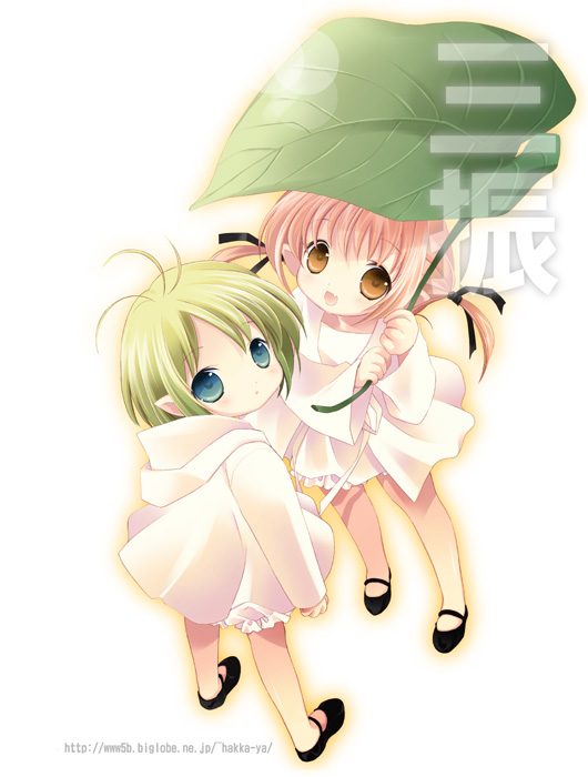 antenna_hair binzume_yousei blonde_hair blue_eyes brown_eyes dress from_above leaf_umbrella looking_at_viewer looking_up mary_janes multiple_girls pink_hair shoes short_hair simple_background standing tokumi_yuiko umbrella white_background white_dress