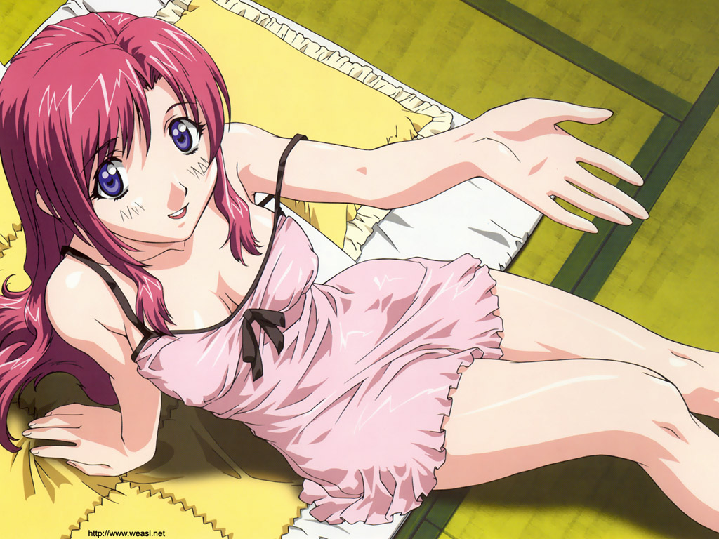 arm_support blush bow breasts chemise cleavage covered_nipples frilled_pillow frills from_above kazami_mizuho large_breasts legs lingerie lipstick long_hair makeup makino_ryuuichi nightgown on_floor onegai_teacher outstretched_hand pillow pink_hair purple_eyes reclining sitting smile solo strap_slip tatami underwear wallpaper watermark