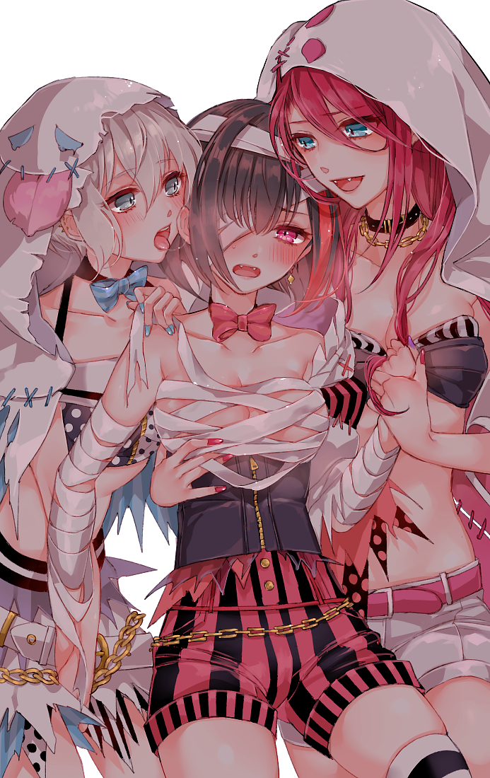 3girls :d bandage bandaged_head bandages bang_dream! belt belt_collar black_bra blue_eyes blue_nails blue_neckwear blush bow bowtie bra bra_strap breasts brown_hair budget_sarashi character_request chino_machiko commentary_request d: ear_licking earrings eyebrows_visible_through_hair fangs fingernails grey_hair grey_shorts hair_between_eyes hood hood_up jewelry licking long_hair looking_at_viewer medium_breasts multicolored_hair multiple_girls nail_polish necklace one_eye_covered open_mouth pink_eyes purple_nails red_hair red_nails red_neckwear red_shorts sarashi short_hair short_shorts shorts simple_background skindentation smile streaked_hair striped striped_shorts thighhighs torn_clothes underbust underwear white_background yuri