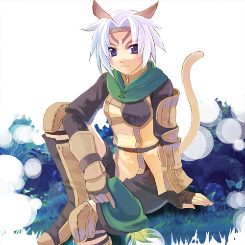 animal_ears arm_guards belt black_gloves cat_ears cat_tail closed_mouth expressionless final_fantasy final_fantasy_xi fingerless_gloves gloves grass knee_up looking_at_viewer lowres mithra naruse_chisato pink_hair plant purple_eyes ranger scarf short_hair shoulder_pads simple_background solo tail white_background