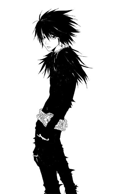 artist_request bags_under_eyes cosplay death_note from_side greyscale l_(death_note) looking_to_the_side male_focus monochrome ryuk ryuk_(cosplay) shinigami simple_background solo white_background