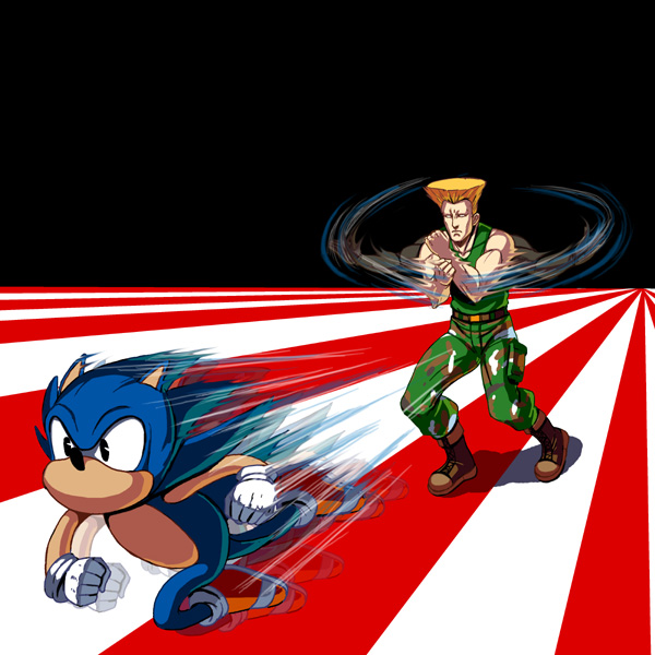 belt blonde_hair boots camouflage capcom crossover furry gloves guile masao multiple_boys no_mouth object_namesake pun simple_background sonic sonic_boom sonic_the_hedgehog speed_lines street_fighter too_literal