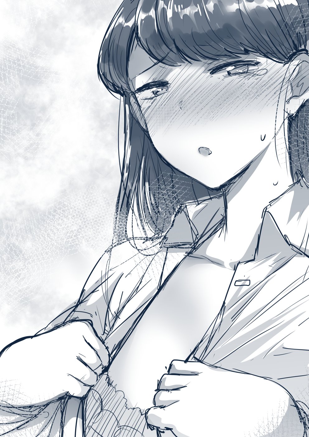 bangs blush bra breasts collared_shirt commentary embarrassed english_commentary eyebrows_visible_through_hair full-face_blush greyscale hews_hack highres komi-san_wa_komyushou_desu komi_shouko long_hair looking_at_viewer mole mole_on_breast monochrome nose_blush open_mouth shirt sketch tears underwear undressing upper_body wing_collar