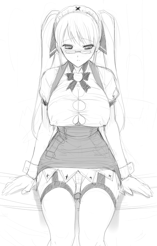 blush breasts bursting_breasts cecilia_(pangya) cleavage covered_nipples glasses greyscale hima large_breasts monochrome pangya pencil_skirt sketch skirt solo thighhighs wide_hips