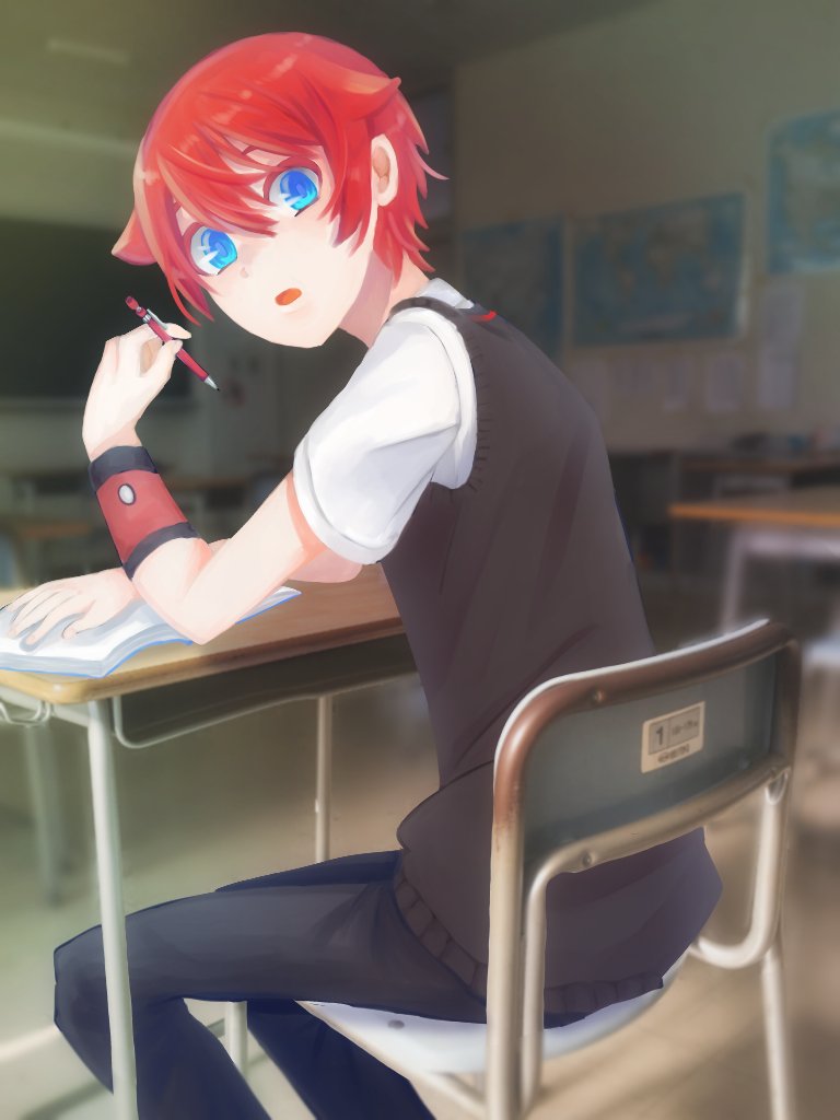 bangs blue_eyes book chair classroom collared_shirt hibiki_yuuta holding holding_pencil looking_at_viewer looking_back male_focus necktie open_book pants pencil red_hair red_neckwear school_uniform shirt short_hair short_sleeves sitting solo ssss.gridman ssss45663589 table waistcoat white_shirt wing_collar