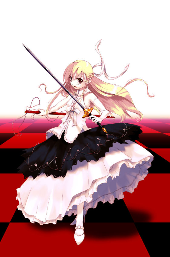 bangs bare_shoulders bow breasts center_frills dress dress_shirt elbow_gloves fighting_stance full_body gloves hair_between_eyes hair_ribbon half_updo high_heels holding holding_sword holding_weapon layered_skirt left-handed long_hair looking_at_viewer original outstretched_arm pantyhose red_eyes ribbon scabbard sheath shirt single_glove sleeveless sleeveless_shirt small_breasts solo standing string sword tamaki_fuyu tile_floor tiles unsheathed weapon white_background white_bow white_footwear white_gloves white_legwear white_ribbon white_shirt
