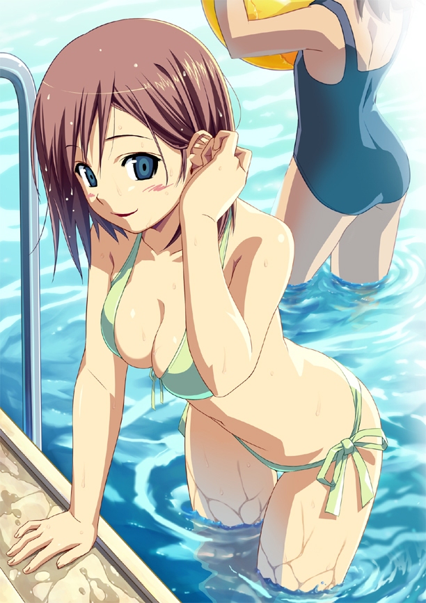 adjusting_hair ball bent_over bikini blue_eyes blush breasts brown_hair cleavage duplicate front-tie_top green_bikini koutaro leaning_forward looking_at_viewer medium_breasts multiple_girls one-piece_swimsuit original partially_submerged pool pool_ladder poolside refraction school_swimsuit short_hair side-tie_bikini small_breasts smile solo_focus swimsuit thigh_gap water wet