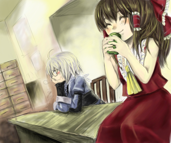 1girl ahoge blush bow brown_hair chair closed_eyes cup desk drawer glasses hair_bow hair_tubes hakurei_reimu hand_on_own_face happy indoors long_hair morichika_rinnosuke ono_mochiko short_hair sigh silver_hair smile sweatdrop tea touhou