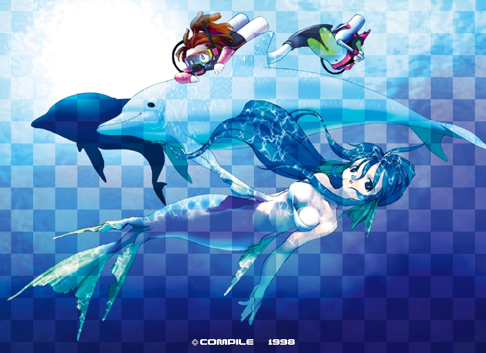 2girls :d arle_nadja artist_request bandeau blue blue_background blue_eyes blue_hair breasts brown_hair carbuncle_(puyopuyo) caustics checkered checkered_background child cleavage diving_mask diving_mask_on_eyes diving_regulator dolphin fins flippers goggles head_fins large_breasts long_hair madou_monogatari mermaid monster_girl multiple_girls official_art open_mouth puyopuyo scuba scuba_tank see-through seriri_(puyopuyo) smile snorkel underwater