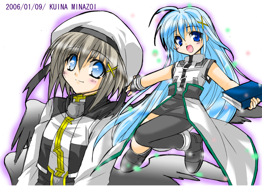 2girls :d ahoge armpits asymmetrical_legwear bare_shoulders beret black_legwear book book_of_the_azure_sky cropped_jacket dated eyebrows_visible_through_hair full_body hair_ornament hairclip hat holding holding_book jacket kneeling looking_at_viewer lyrical_nanoha magical_girl mahou_shoujo_lyrical_nanoha mahou_shoujo_lyrical_nanoha_a's mahou_shoujo_lyrical_nanoha_strikers minazoi_kuina minigirl multiple_girls open_clothes open_jacket open_mouth reinforce_zwei short_hair single_thighhigh smile thighhighs unison upper_body waist_cape wings x_hair_ornament yagami_hayate