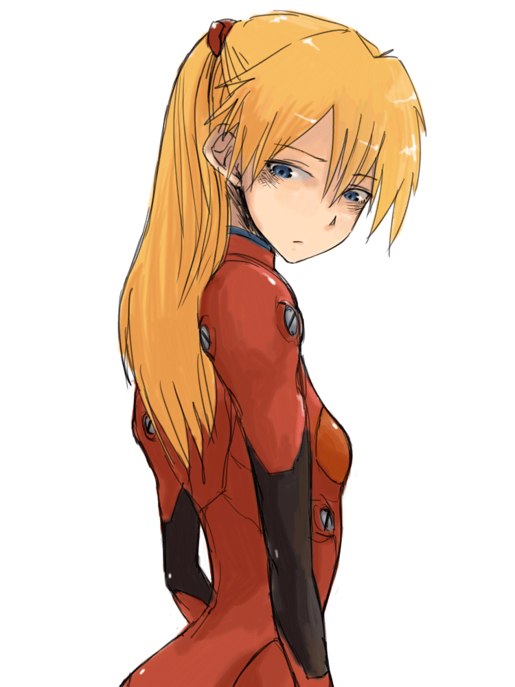 :| arms_at_sides bangs blonde_hair blue_eyes bodysuit breasts closed_mouth face from_side hair_between_eyes headgear long_hair looking_back looking_down neon_genesis_evangelion oomori_harusame parted_bangs pilot_suit plugsuit red_bodysuit sad simple_background sketch skinny small_breasts solo souryuu_asuka_langley standing turtleneck upper_body white_background
