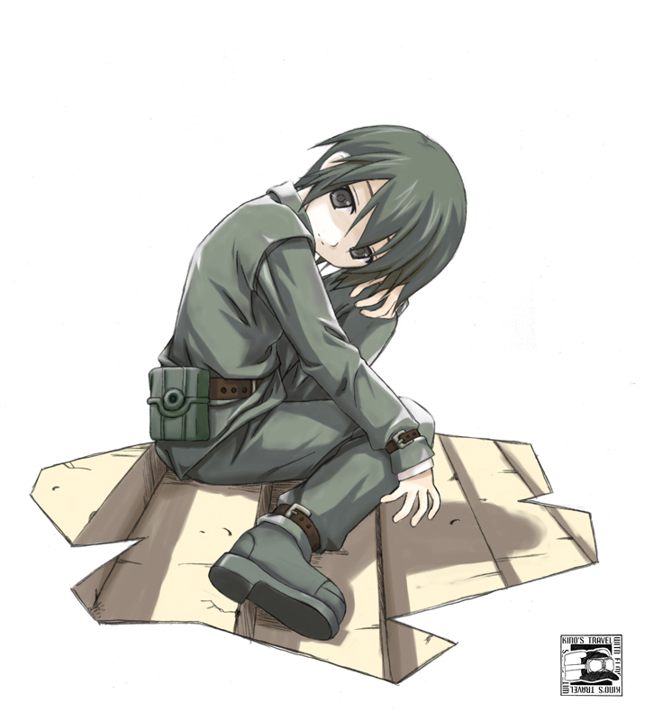 androgynous bangs belt belt_pouch black_eyes boots green_footwear green_hair green_legwear jacket kino kino_no_tabi knee_up leather leather_jacket leather_pants looking_at_viewer pants pouch rankei reverse_trap short_hair sitting solo stairs