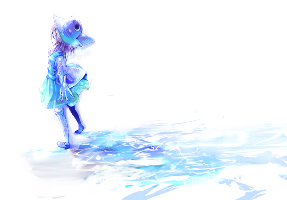 blonde_hair blue blue_hat blue_skirt blue_vest cis_(carcharias) closed_eyes hair_ornament hair_ribbon hat legs_apart long_sleeves mary_janes moriya_suwako outstretched_arms ribbon shadow shoes skirt skirt_set solo spread_arms standing thighhighs touhou vest white_background white_legwear wide_sleeves