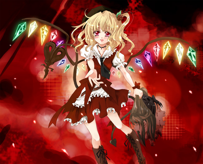 adapted_costume alternate_costume alternate_headwear beret blonde_hair blood blush boots brown_footwear choker cross-laced_footwear death flandre_scarlet guro hat laevatein looking_at_viewer outstretched_hand pink_eyes puffy_short_sleeves puffy_sleeves red_background red_eyes red_skirt ringo_apple severed_head short_sleeves side_ponytail skirt smile solo touhou when_you_see_it wings