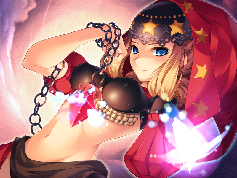 blonde_hair blue_eyes breasts chain covered_nipples crystal hood large_breasts midriff navel odin_sphere puff_and_slash_sleeves puffy_sleeves smile solo velvet_(odin_sphere) yashima_takahiro