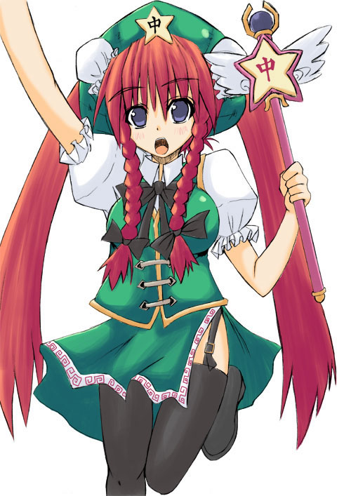 alternate_hairstyle artist_request blue_eyes braid hong_meiling long_hair magical_girl parody red_hair solo thighhighs touhou twin_braids twintails very_long_hair wand