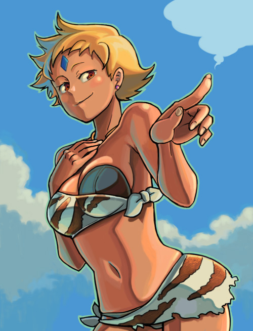 bandeau bikini blonde_hair bowieknife cloud day earrings fingernails hands jewelry long_fingernails looking_at_viewer maya_bryce midriff my-otome navel pointing red_eyes sarong short_hair skindentation sky smile solo swimsuit white_sarong