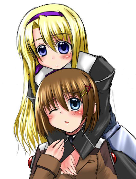 black_dress blue_eyes blush brooch brown_dress carim_gracia dress gem hair_ornament hairband hug hug_from_behind jewelry long_sleeves lyrical_nanoha mahou_shoujo_lyrical_nanoha_strikers military military_uniform misana multiple_girls pointy_ears short_hair simple_background sleeve_cuffs tsab_ground_military_uniform uniform white_background x_hair_ornament yagami_hayate yuri