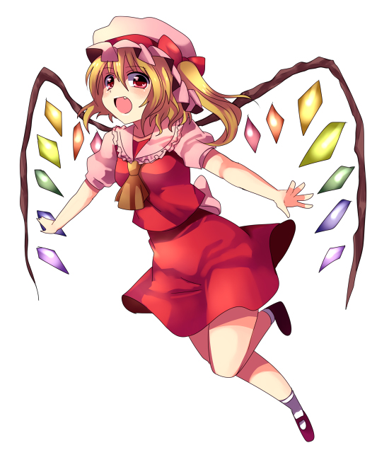 :d bobby_socks crystal demon_wings dress flandre_scarlet foreshortening frills full_body hat mary_janes mob_cap open_mouth puffy_short_sleeves puffy_sleeves red_dress red_eyes shoes short_sleeves simple_background smile socks solo subaru_(yachika) touhou white_background white_legwear wings