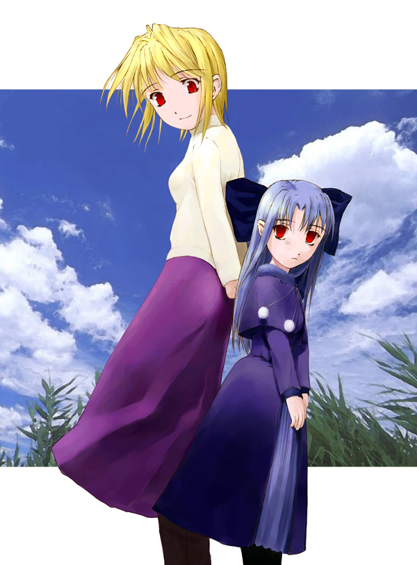 arcueid_brunestud back-to-back black_legwear blonde_hair blue_hair bow cloud day hair_bow len long_skirt melty_blood multiple_girls pantyhose plant pointy_ears purple_skirt raia_(riaoh) red_eyes short_hair skirt sweater tsukihime