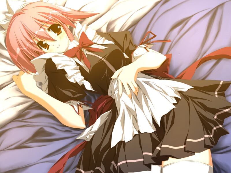 game_cg lying maid moekan motoyon red_hair solo thighhighs zettai_ryouiki