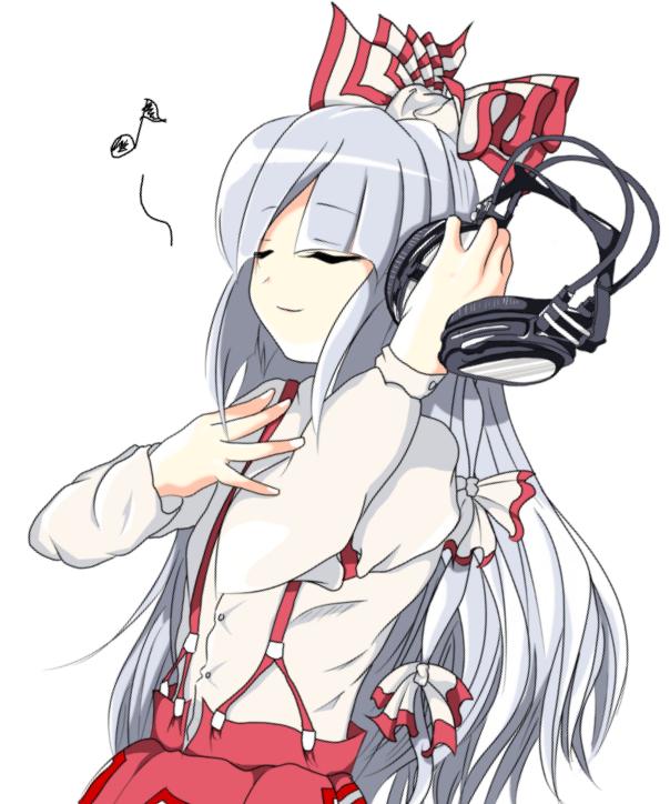 artist_request bow closed_eyes eighth_note fujiwara_no_mokou hair_bow headphones listening_to_music long_hair musical_note silver_hair simple_background smile solo suspenders touhou white_background