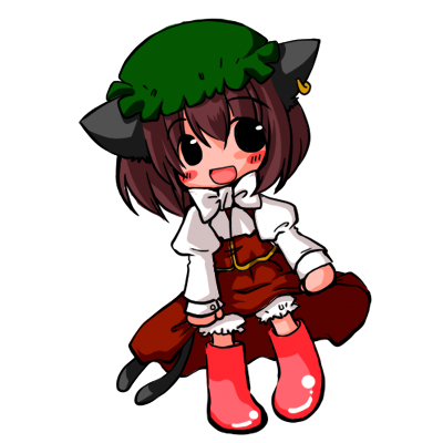 animal_ears boots brown_hair cat_ears cat_tail chen chibi earrings futami_yayoi hat jewelry lowres multiple_tails rubber_boots short_hair solo tail touhou