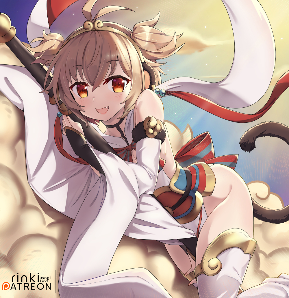 1girl :d andira_(granblue_fantasy) animal_ears antenna_hair bangs bare_shoulders between_legs bow cloud commentary_request detached_leggings detached_sleeves erune eyebrows_visible_through_hair fang fingernails flying_nimbus fur-trimmed_sleeves fur_trim granblue_fantasy hagoromo hair_between_eyes hand_between_legs hand_up light_brown_hair lo_xueming long_sleeves looking_at_viewer lying monkey_ears monkey_girl monkey_tail on_side open_mouth red_bow red_eyes shawl sky smile solo striped striped_bow tail tail_raised two_side_up watermark white_legwear white_sleeves wide_sleeves