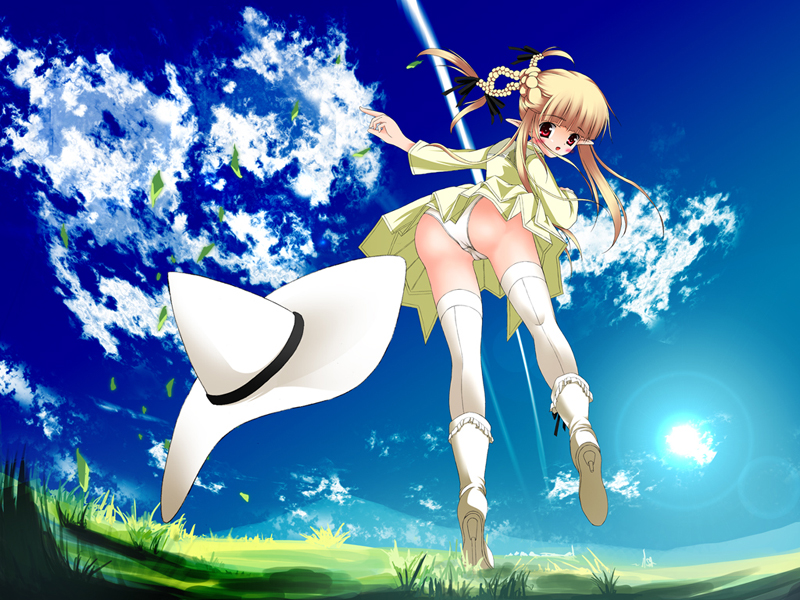 ass blonde_hair blush boots braid cameltoe character_request cloud day dress elf from_behind high_heels leaf lens_flare long_hair looking_back mabinogi panties pointing pointy_ears red_eyes shoes sky solo sun thighhighs umitsubame underwear upskirt white_legwear white_panties wind