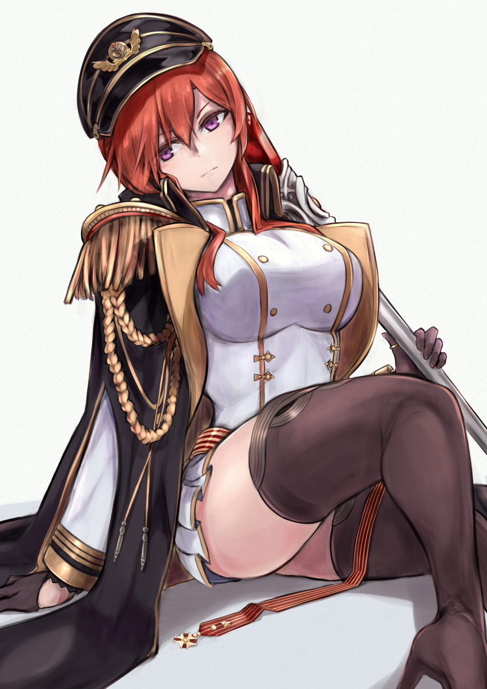 1girl azur_lane black_gloves black_hat black_legwear boots breasts coat epaulettes eyebrows_visible_through_hair fringe_trim gloves hair_between_eyes hat high_heel_boots high_heels highres large_breasts long_hair long_sleeves marshall2033 military military_hat military_uniform miniskirt monarch_(azur_lane) pleated_skirt purple_eyes red_hair scepter simple_background sitting skirt solo thigh_boots thighhighs thighs uniform white_background zettai_ryouiki