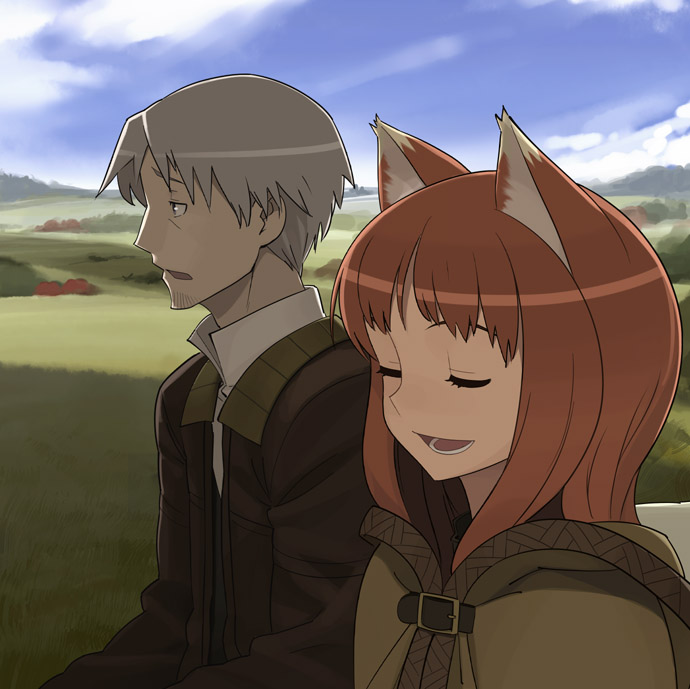 1girl animal_ears cloak closed_eyes craft_lawrence go_robots holo jacket spice_and_wolf wolf_ears
