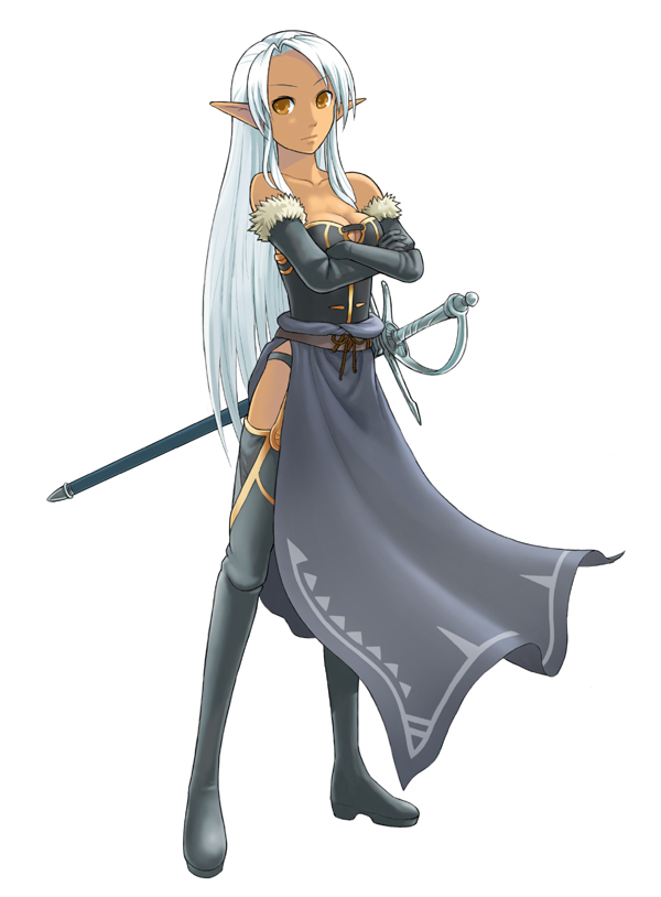 bare_shoulders boots breasts cleavage dark_skin elf full_body long_hair medium_breasts original pointy_ears solo standing sword thigh_boots thighhighs weapon white_hair yellow_eyes yuugiri