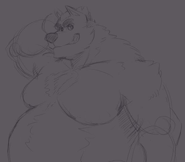 anthro belly big_belly canid canine canis fur grey_background greyscale grin hand_behind_head khronosz male mammal monochrome moobs musclegut muscular muscular_male nude obese obese_male open_mouth open_smile overweight overweight_male simple_background sketch smile solo teeth wolf