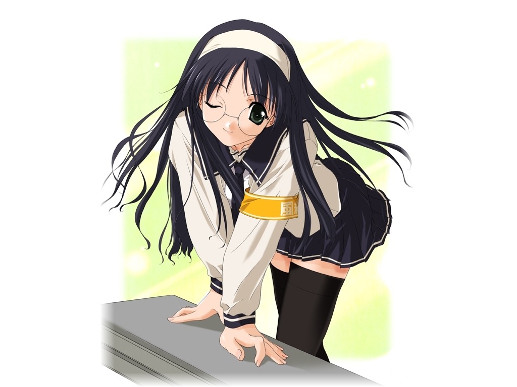 glasses happy_lesson long_hair nanakorobi_fumitsuki sasaki_mutsumi school_uniform solo thighhighs zettai_ryouiki